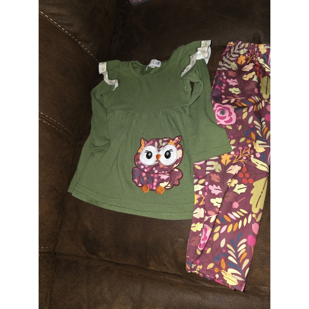 Two can fall autumn‎ owl green top and floral leggings size 2t